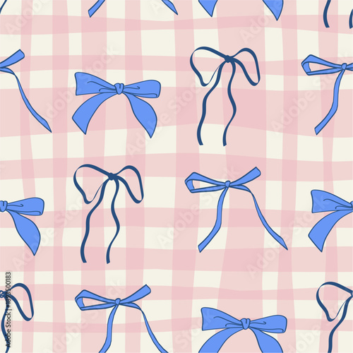 Seamless pattern of blue bows, a flirty aesthetic seamless plaid with pink checkered patterns. Ribbons on a striped background. Cool illustration. Trendy patterned wallpaper.