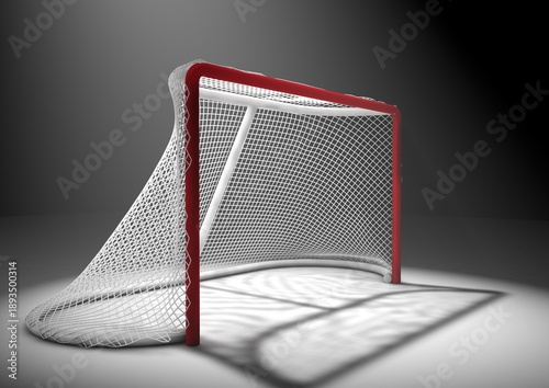 Hockey goals are illuminated by directional light from behind, creating shadows. 3D render illustration.