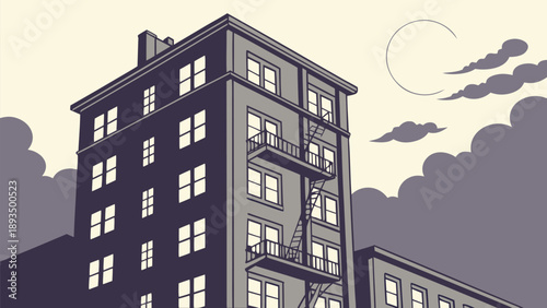 Modern urban building with fire escape at dusk