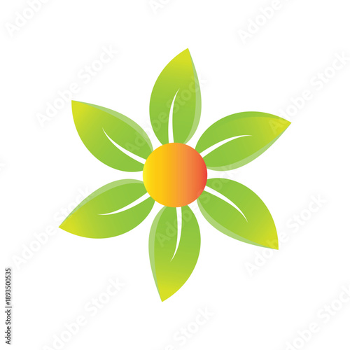 Stylized green leaf flower with orange center isolated on a white background