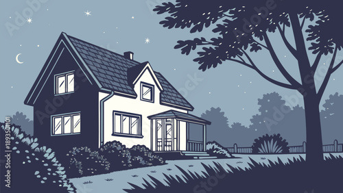 Cozy house under starry night sky with moon shining bright