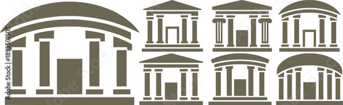 Set of classical temple icons and ancient greek roman architecture symbols with columns and domes