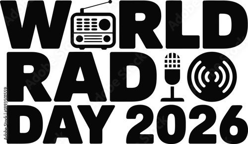 World Radio Day Bold Typography with Broadcast Symbol, Modern Silhouette Vector Design