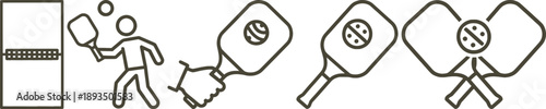 Pickleball icon set with paddle, ball, player, and court net in thin line style