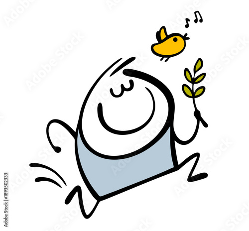 Doodle enthusiastic stickman runs and jumps cheerfully along the spring street. Vector illustration of a happy man, cartoon bird flying and singing about Easter.