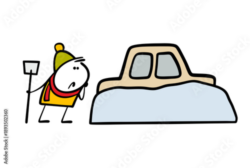 Cartoon man with a shovel looks at a car in the snow in confusion. Vector illustration of snowfall hid vehicles from the driver. Stickman digs up a car, suffers from hard work.