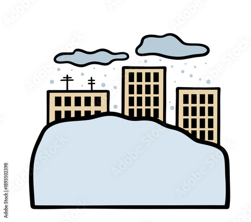 Multi-storey buildings and skyscrapers stick out of huge snowdrifts. Vector illustration of a city hit by a natural disaster. Heavy snowfall, cold winter weather.