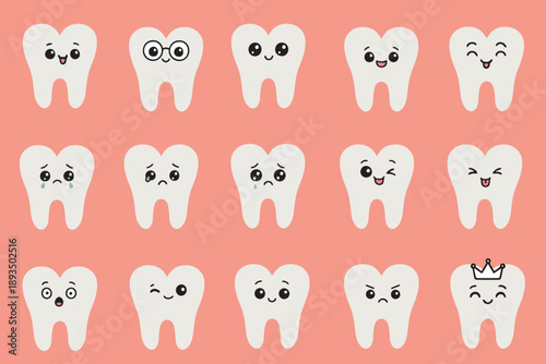 Cute teeth emoticons vector illustration showing various facial expressions. A collection of  teeth with emotions like happiness, sadness, surprise, and more, perfect for dental content.