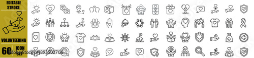 Volunteering Icons Set with Helping Hands, Charity, Donation, Community Support, Care, Love and Teamwork – Editable Stroke Line Icons for Infographics, Mobile Apps and Web Design