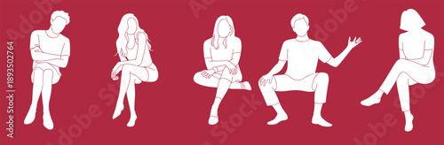 White silhouette people sitting poses illustration with casual men and women characters for lifestyle communication social interaction modern design and human behavior concepts
