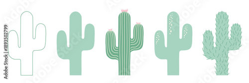 Set of handdrawn pastel cactuses, isolated on a transparent background. PNG and Vector illustration