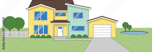 Colorful flat illustration of a modern suburban family house with garage, garden, driveway, and surrounding landscape