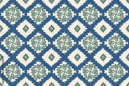 Ethnic ikat seamless pattern. floral embroidery, bohemian style, abstract flower art print. ethnic ikat abstract art. seamless fabric. ikat design for textile, wallpaper, and clothing.