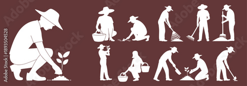 Silhouette farmer and gardener working poses with planting watering raking and harvesting activities for agriculture farming nature and sustainable lifestyle design concepts