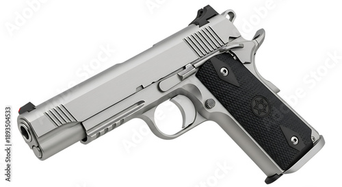 Detailed rendering of a silver 1911 pistol isolated on transparent background