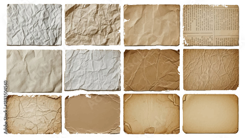 Collection of crumpled and torn vintage paper textures vector illustration.