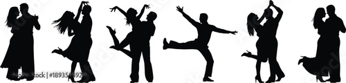 Social dancing couples silhouettes illustration, men and women performing partner dance poses, romantic and energetic movement collection, black vector figures isolated on white background