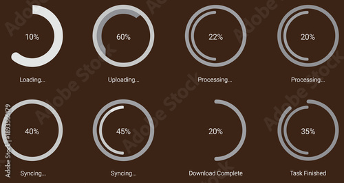 Modern circular loading progress indicators dashboard UI showing uploading processing syncing download status minimal flat web interface design concept analytics