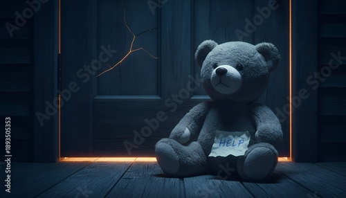 A sad teddy bear holding a “HELP” note in dark light, symbolizing child neglect and emotional distress. Ideal for banners, advertising, editorials, and social awareness projects.