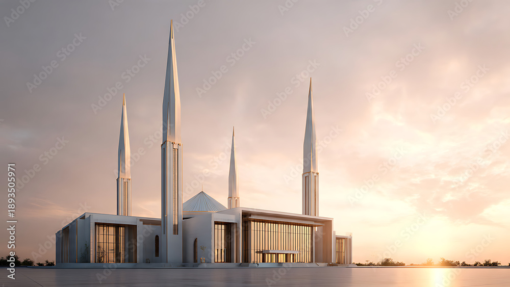 Obraz premium Islamic mosque architecture stands tall with minarets at sunset