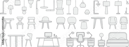 Minimal line art furniture and interior elements collection with lamps chairs tables desks and bed for modern home office design illustration and architectural concepts