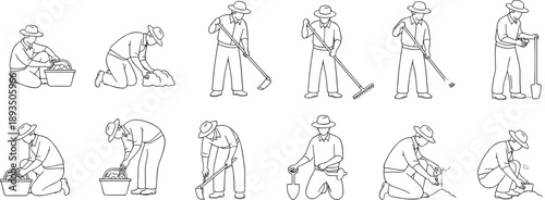 Minimal line art farmer and gardener working poses illustration set with planting digging raking harvesting activities for agriculture farming and outdoor labor design concepts