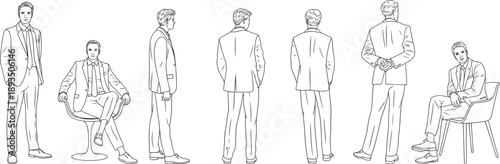 Minimal line art businessman character poses showing front side back and seated views for fashion illustration corporate design concept and professional lifestyle visuals