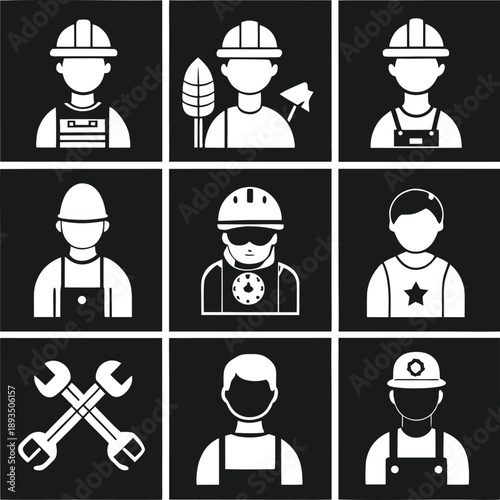 Various construction worker icons representing different professions