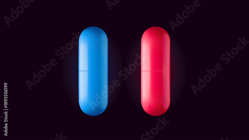 Red and blue pills. Background with realistic 3d capsules. Medical, pharmacy, healthcare, hospital, clinic, biotechnology concept. Vector illustration