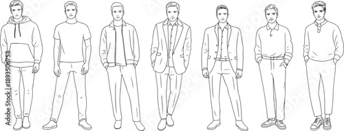 Line art male fashion model collection showing casual to formal outfits with standing poses for menswear illustration clothing design reference and modern style guide concepts