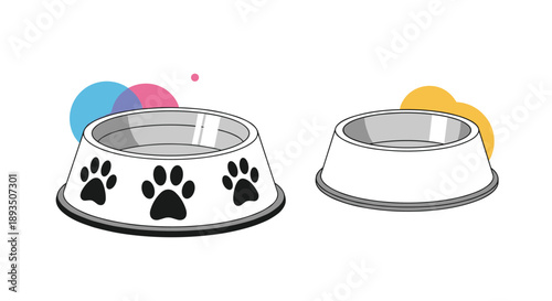 Pet care illustration depicting two stainless steel dog food bowls with abstract colorful shapes on clean white background.