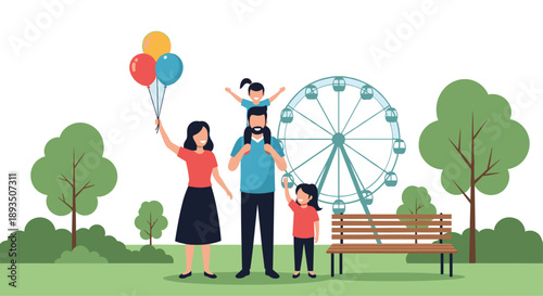 Happy family with parents and young children spending time together at amusement park with green trees and a ferris wheel.