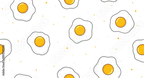 Fun seamless pattern of cartoon fried eggs with bright yellow yolks and white whites scattered on a clean white background.