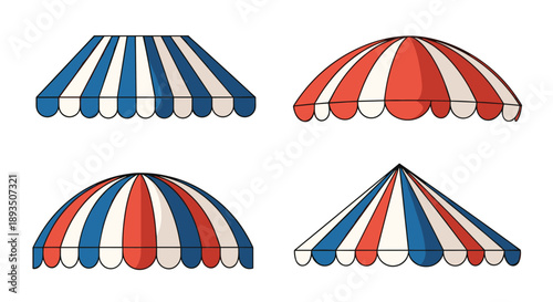Set of colorful striped shop awnings for cafes and restaurants in red and blue and white variations on a plain background.