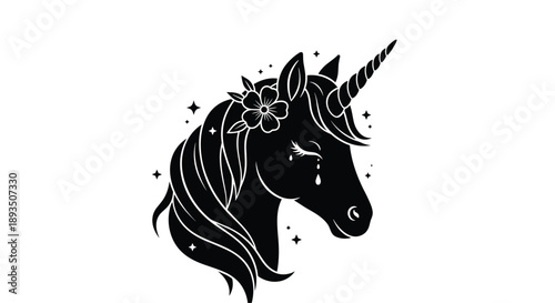 Mystical unicorn head profile silhouette with a flower in its mane and twinkling stars for magical and fantasy themes.