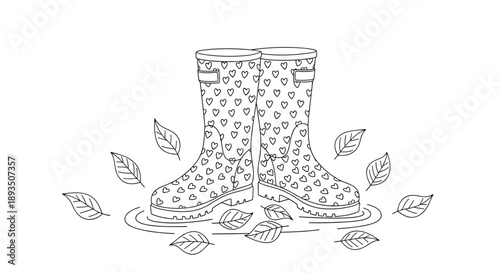 Fall season coloring page featuring patterned rubber boots in a rain puddle surrounded by falling autumn leaves.