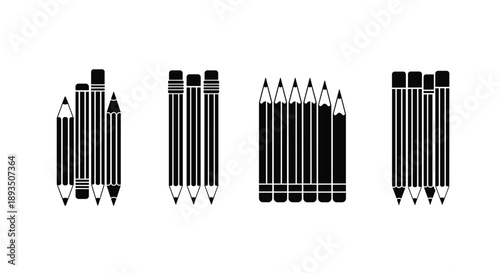 Black silhouette icons of various graphite pencil sets arranged in different groupings and orientations for design tools.
