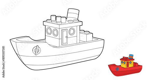 Educational coloring page for children featuring a brick toy boat with a colorful reference guide for learning activities.