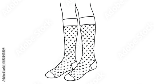Close up illustration of a person wearing long white socks decorated with a repetitive black V pattern shown in a simple and clean line art style.