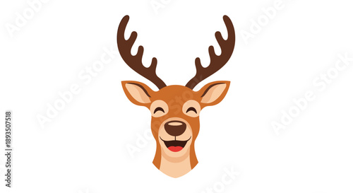 Cheerful brown reindeer head with large antlers and a happy smiling expression depicted in a flat and colorful illustration style for holidays.