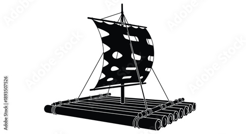 Simple wooden raft with a mast and a patterned sail shown in a bold black and white graphic style for adventure survival or exploration themes.