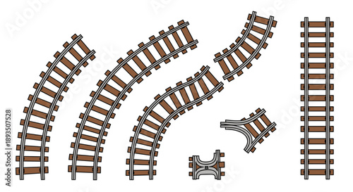 Collection of different railway track pieces including straight curved and switch sections for building custom train layouts and paths for toys.