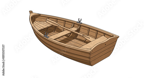 Classic wooden rowboat with oars resting across the seats shown in a detailed perspective illustration for lake river or ocean themed designs.