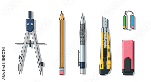 Professional set of drafting and office tools including a compass pencil mechanical pen utility knife and markers for creative design work.