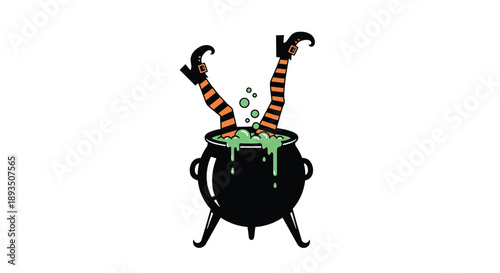 Black witch's cauldron with green bubbling potion and striped witch legs sticking out for a funny and spooky halloween themed illustration art.