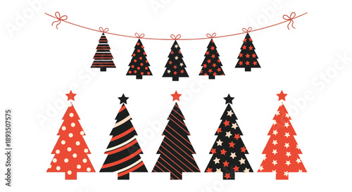 Festive collection of stylized christmas trees with various patterns and stars paired with a decorative garland for seasonal holiday designs.