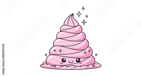 Cute pink swirling character with stars and sparkles featuring a happy face in a whimsical and sweet dessert themed illustration for children.