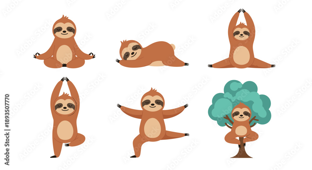 Fototapeta premium Set of cute sloth characters practicing different yoga poses and sleeping peacefully on a tree branch or the floor.