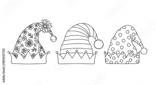 Whimsical set of three elf or gnome hats decorated with floral, striped, and polka dot patterns in a black and white line art style.
