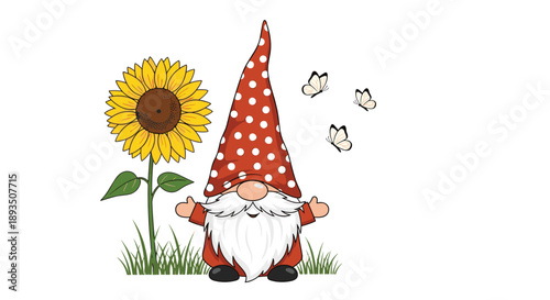 Cheerful garden gnome standing by a large blooming sunflower with fluttering butterflies in a colorful and friendly illustration.
